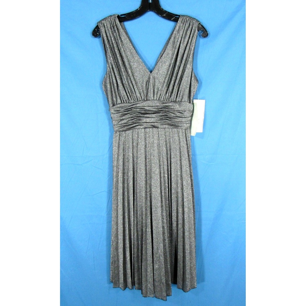 NWT WILLOW GLENN Black/Silver PLEATED V-Neck RUCHED WAIST Cocktail Dress Sz 8